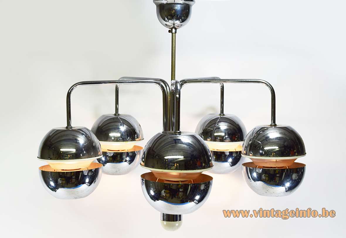 Chrome globes chandelier design: Klaus Hempel curved rods 5 open spheres Kaiser Leuchten Germany 1960s 1970s