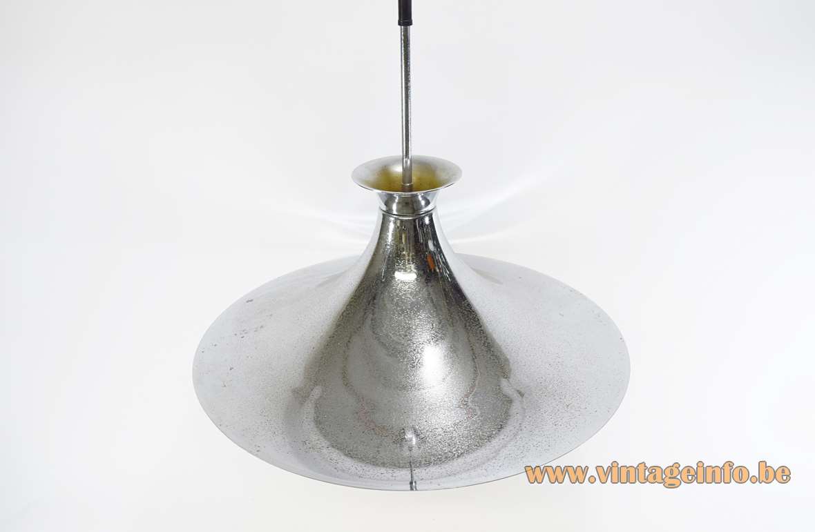 Chrome witch hat pendant lamp big metal lampshade white inside Massive Belgium 1960s 1970s E27 socket