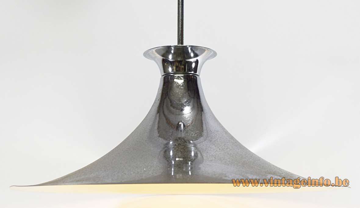 Chrome witch hat pendant lamp big metal lampshade white inside Massive Belgium 1960s 1970s E27 socket