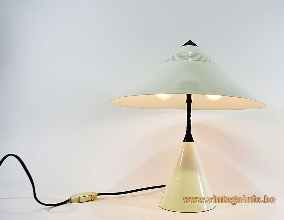 1980s white cone table lamp round metal base conical mushroom lampshade black plastic top Massive Belgium