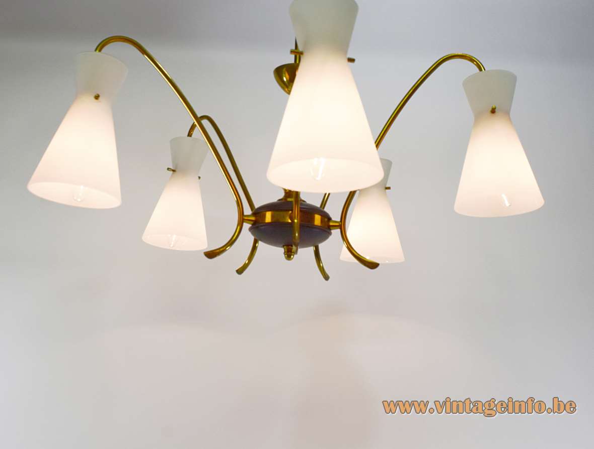 Diabolo opal glass chandelier brass curved rods 5 white lampshades 1950s 1960s Massive Belgium E14 sockets