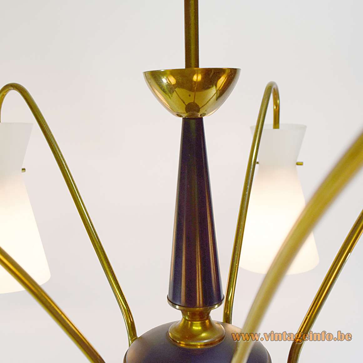 Diabolo Opal Glass Chandelier brass folded rods opaque white hand blown glass 1950s 1960s MCM