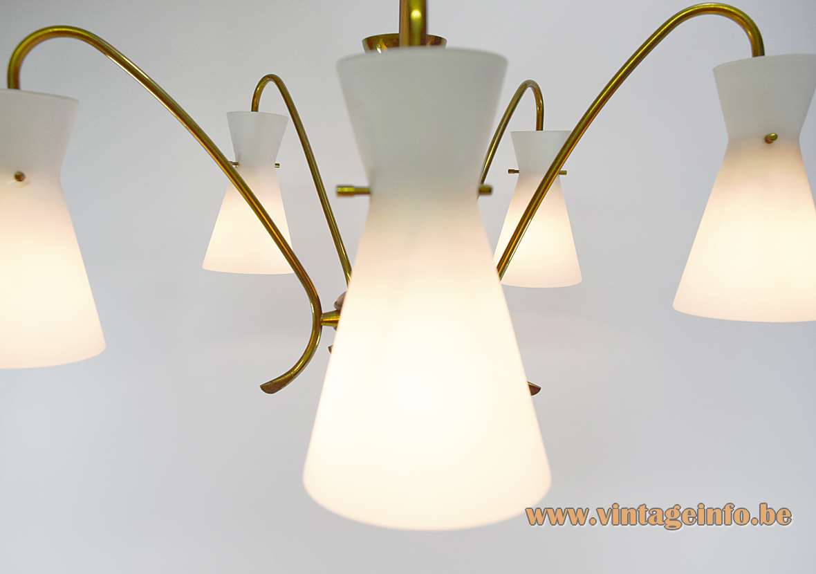 Diabolo opal glass chandelier brass curved rods 5 white lampshades 1950s 1960s Massive Belgium E14 sockets