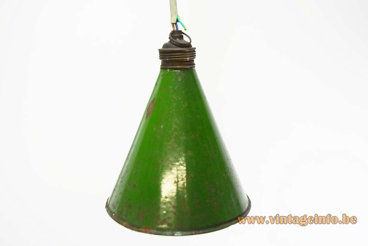 Diamond cutter pendant lamp green & white enamelled iron conical lampshade 1920s 1930s 1940s Antwerp Belgium