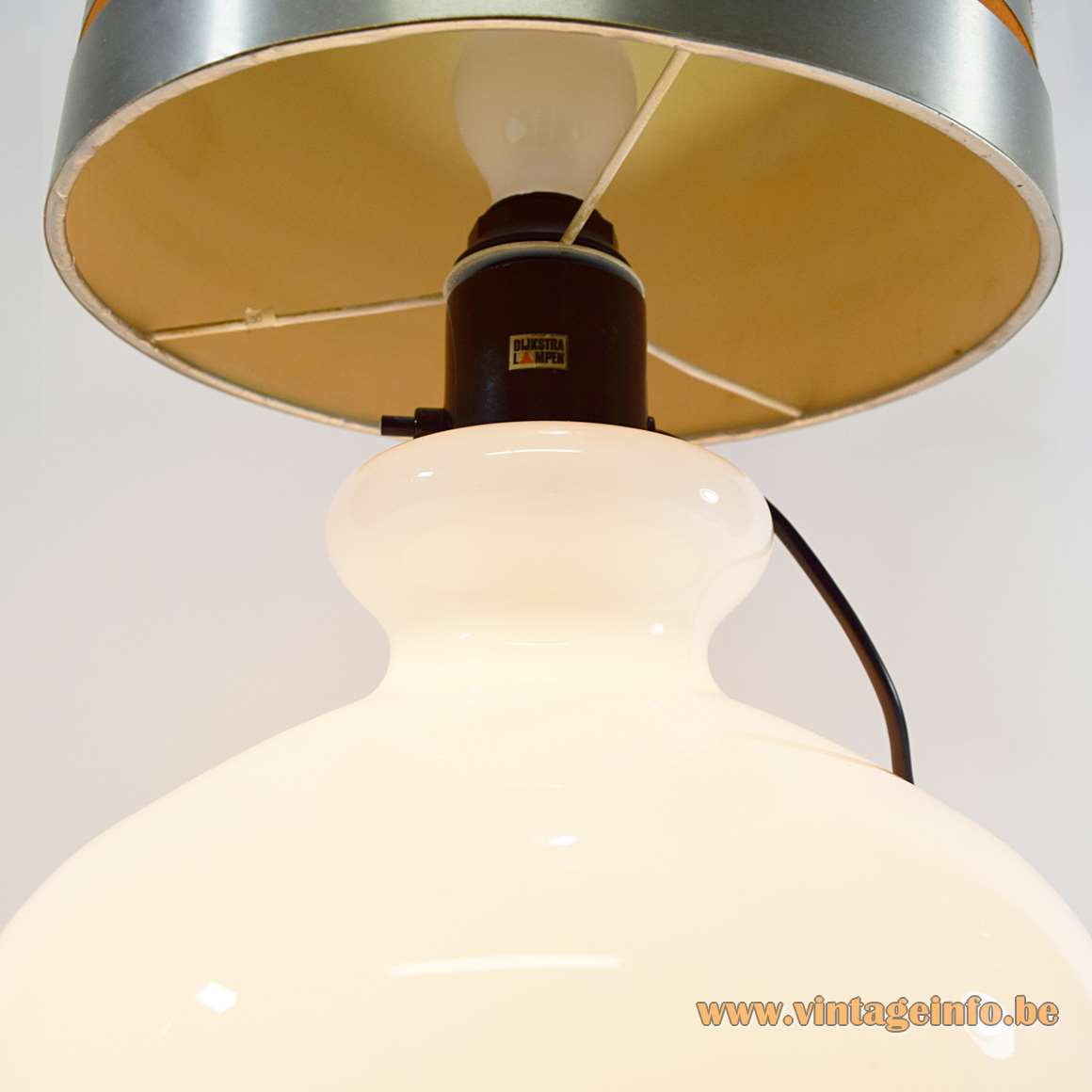 Dijkstra white opal hand blown globe glass table lamp fabric lampshade 2 light bulbs 1960s 1970s MCM