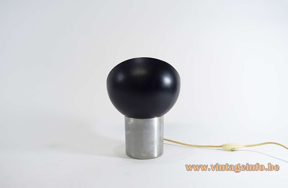Half globe display table lamp round tubular aluminium base black round lampshade 1960s 1970s E27 socket