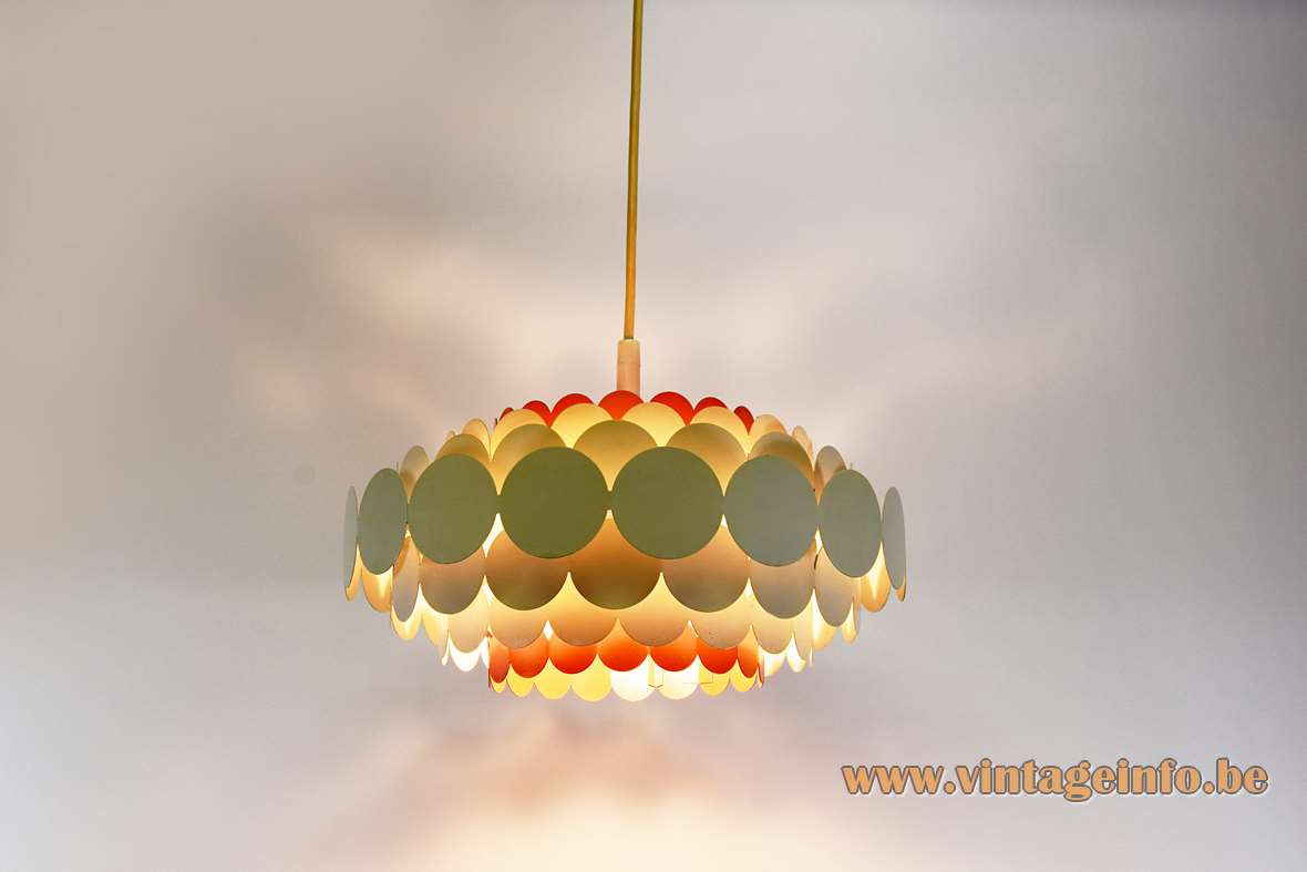 DORIA metal pendant lamp round orange & white painted 7 layers iron circles lampshade 1960s 1970s Germany