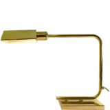 Egoluce brass desk lamp rectangular base curved swing arm rod triangular lampshade 1970s 1980s Italy