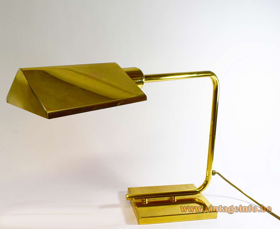 Egoluce brass desk lamp rectangular base curved swing arm rod triangular lampshade 1970s 1980s Italy