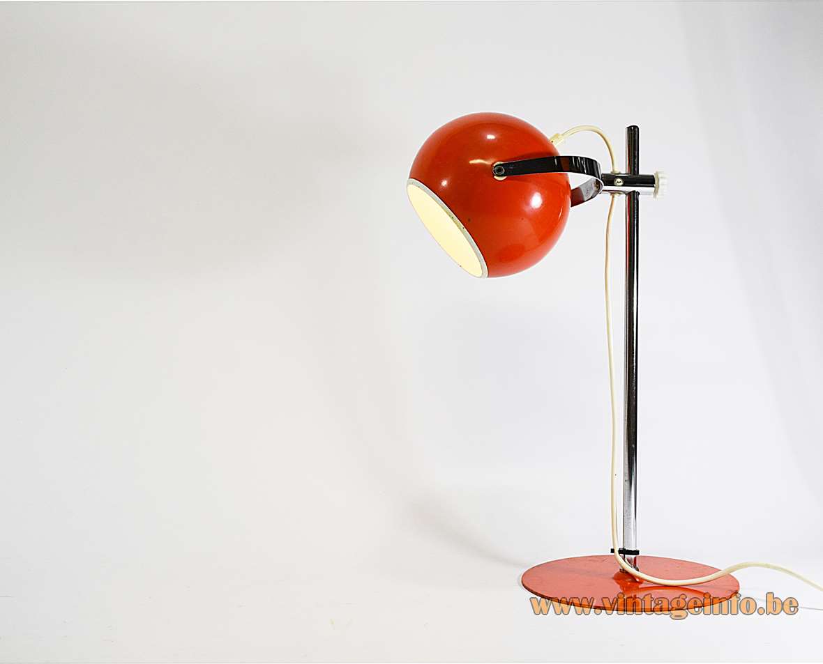 Eyeball desk lamp round flat orange base chrome rod adjustable globe lampshade 1960s 1970s Massive Belgium