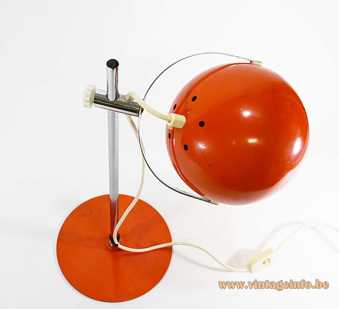Eyeball desk lamp round flat orange base chrome rod adjustable globe lampshade 1960s 1970s Massive Belgium