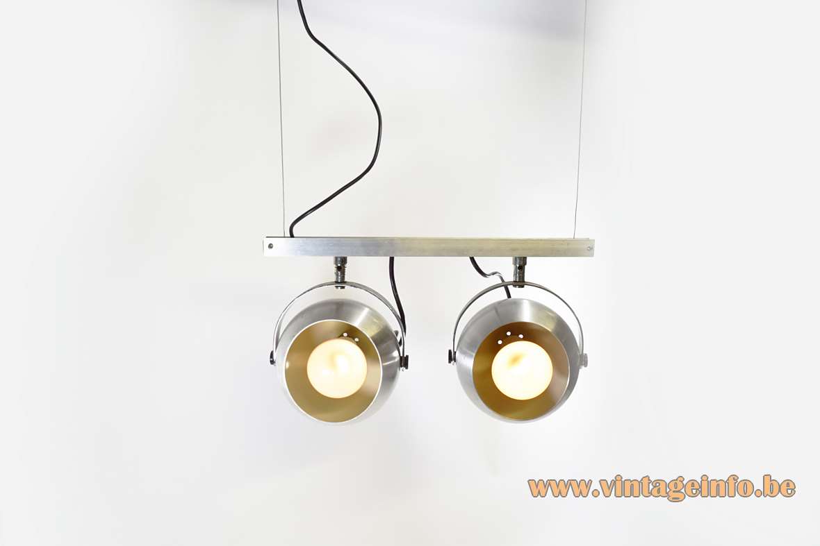 Double eyeball spotlight ceiling lamp brushed aluminium globe lampshades chrome handles metal beams 1960s 1970s