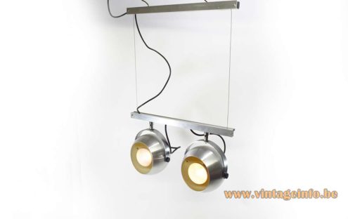 Double Eyeball Spotlight Ceiling Lamp brushed aluminium globes and slats steel wire chrome parts 1960s 1970s MCM