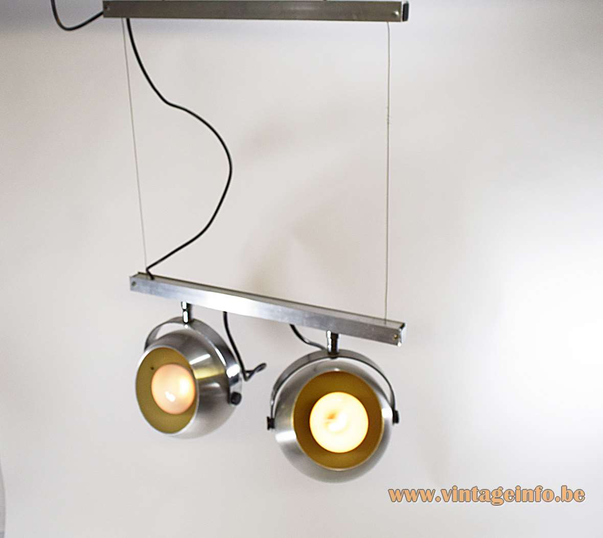 Double eyeball spotlight ceiling lamp brushed aluminium globe lampshades chrome handles metal beams 1960s 1970s