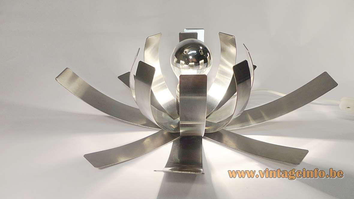 Fleur De Lumière table lamp made in Inox stainless steel representing a flower from the 70s