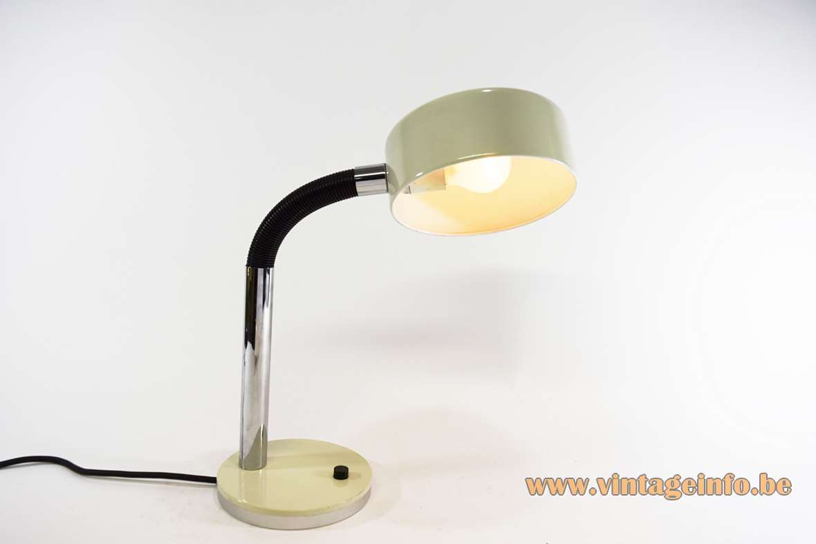 1970s Hala gooseneck desk lamp round white metal base & lampshade black plastic tube chrome rod