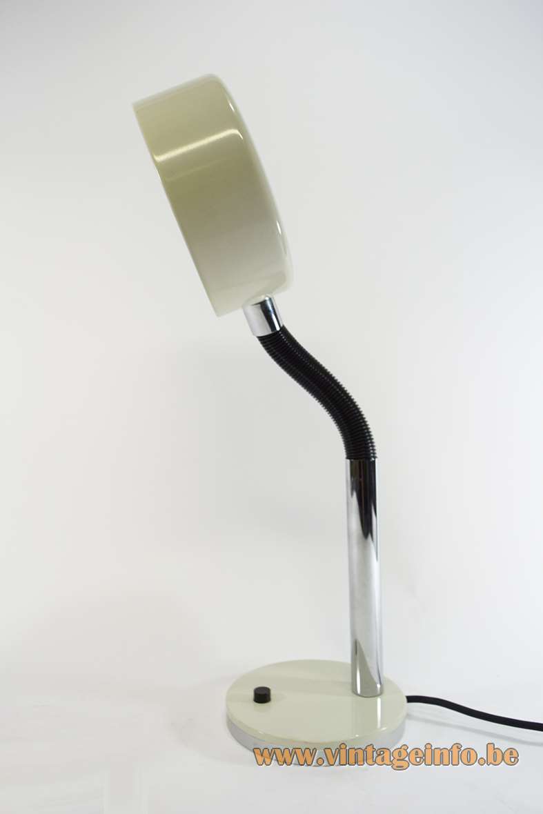1970s Hala gooseneck desk lamp round white metal base & lampshade black plastic tube chrome rod