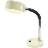 1970s Hala gooseneck desk lamp round white metal base & lampshade black plastic tube chrome rod