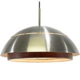 Hans-Agne Jakobsson pendant lamp half round brushed aluminium lampshade faux wood ring E27 socket 1960s
