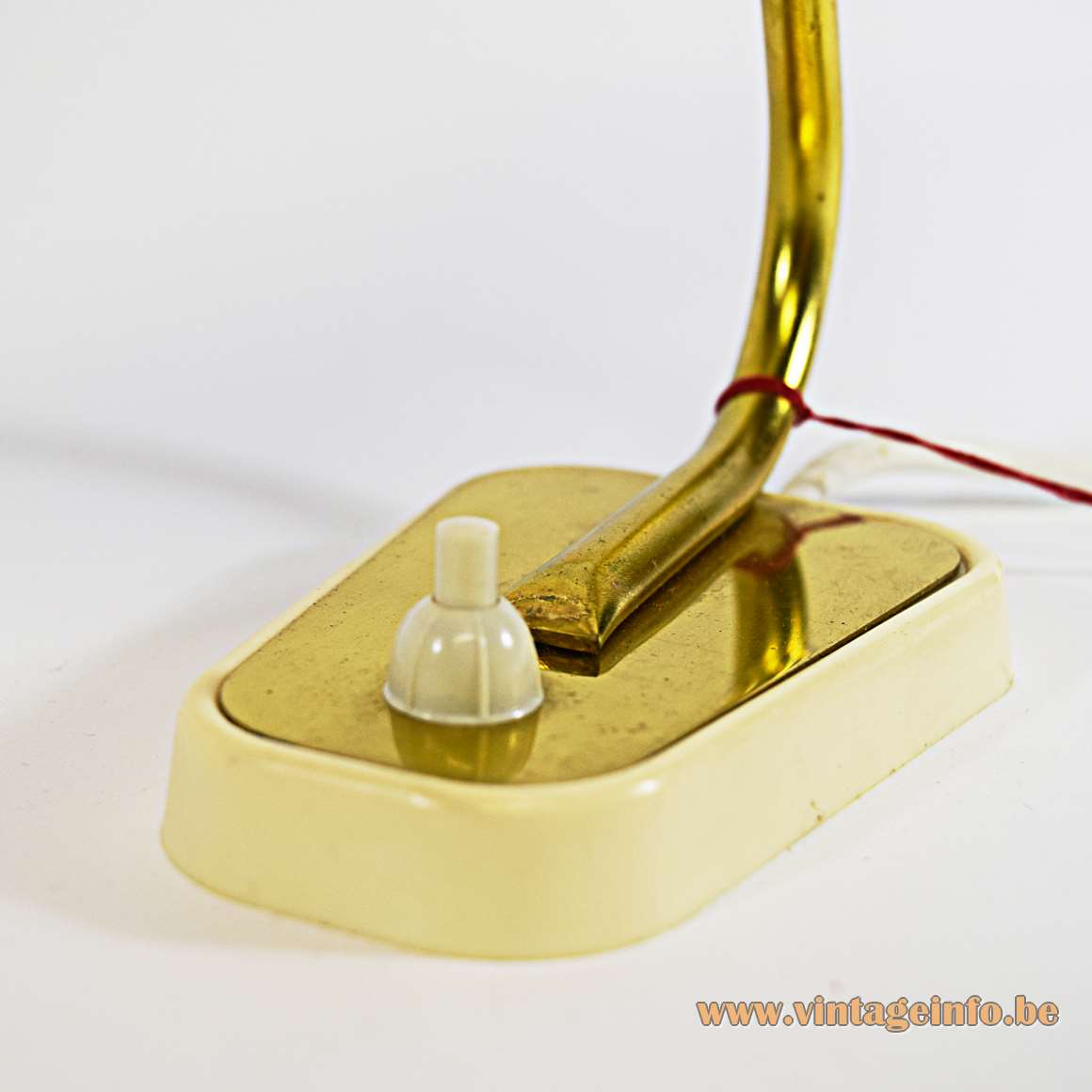 Heiru Leuchten Table Lamp conical lampshade gold anodized aluminium white plastic base brass rod 1960s MW radio MCM