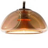 Herda smoked acrylic rise & fall pendant lamp orange & white aluminium trumpet diffuser transparent lampshade 1970s