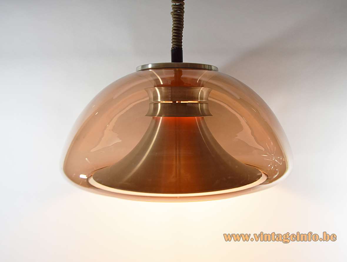 Herda smoked acrylic rise & fall pendant lamp orange & white aluminium trumpet diffuser transparent lampshade 1970s