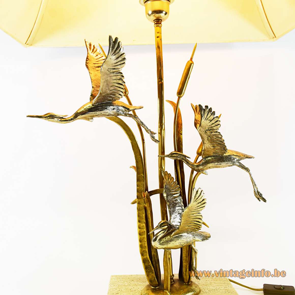 Herons Cattails table lamp gilded silver-plated metal travertine limestone bulrush reed 1970s 1980s Hollywood Regency