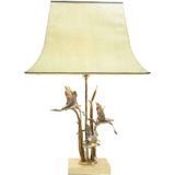 Herons & cattails table lamp travertine limestone base gilded & silver-plated metal birds pagoda lampshade 1970s L’Originale