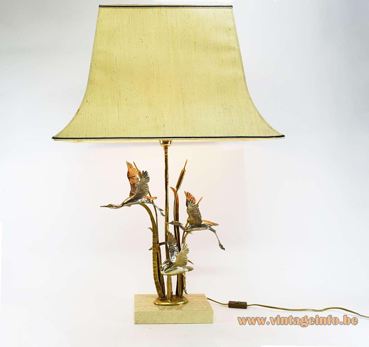 Herons & cattails table lamp travertine limestone base gilded & silver-plated metal birds pagoda lampshade 1970s L’Originale