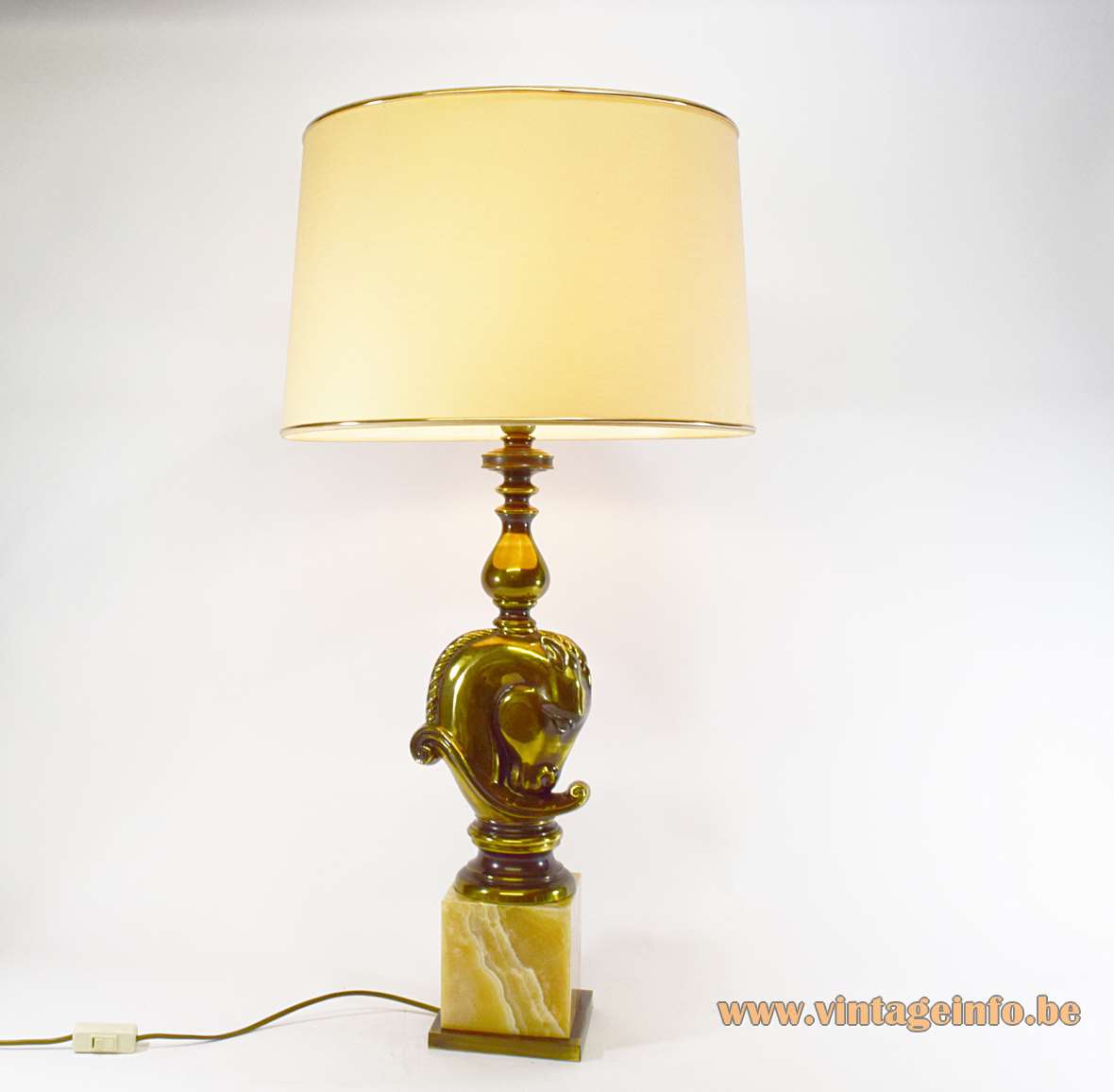 Horsehead table lamp brown onyx marble base brass head fabric lampshade Loevsky and Loevsky E27 socket