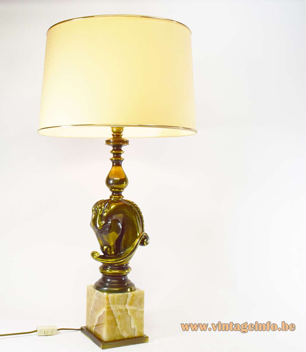 Horsehead table lamp brown onyx marble base brass head fabric lampshade Loevsky and Loevsky E27 socket