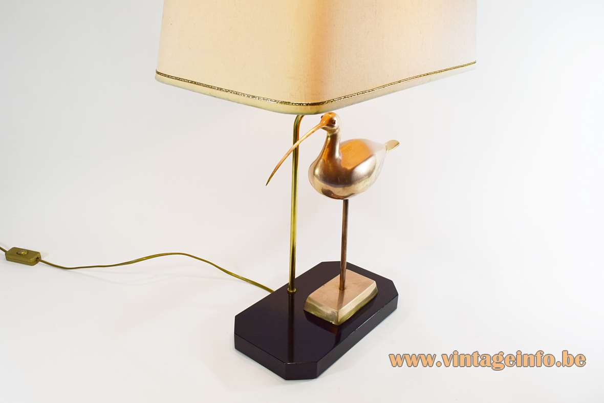 1970s brass ibis table lamps black wood base metal bird conical fabric lampshade Massive Belgium 1980s