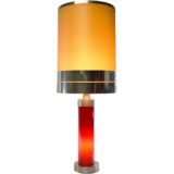 Incamiciato tube table lamp aluminium base maroon red Murano glas cylinder yellow fabric lampshade 1960s 1970s