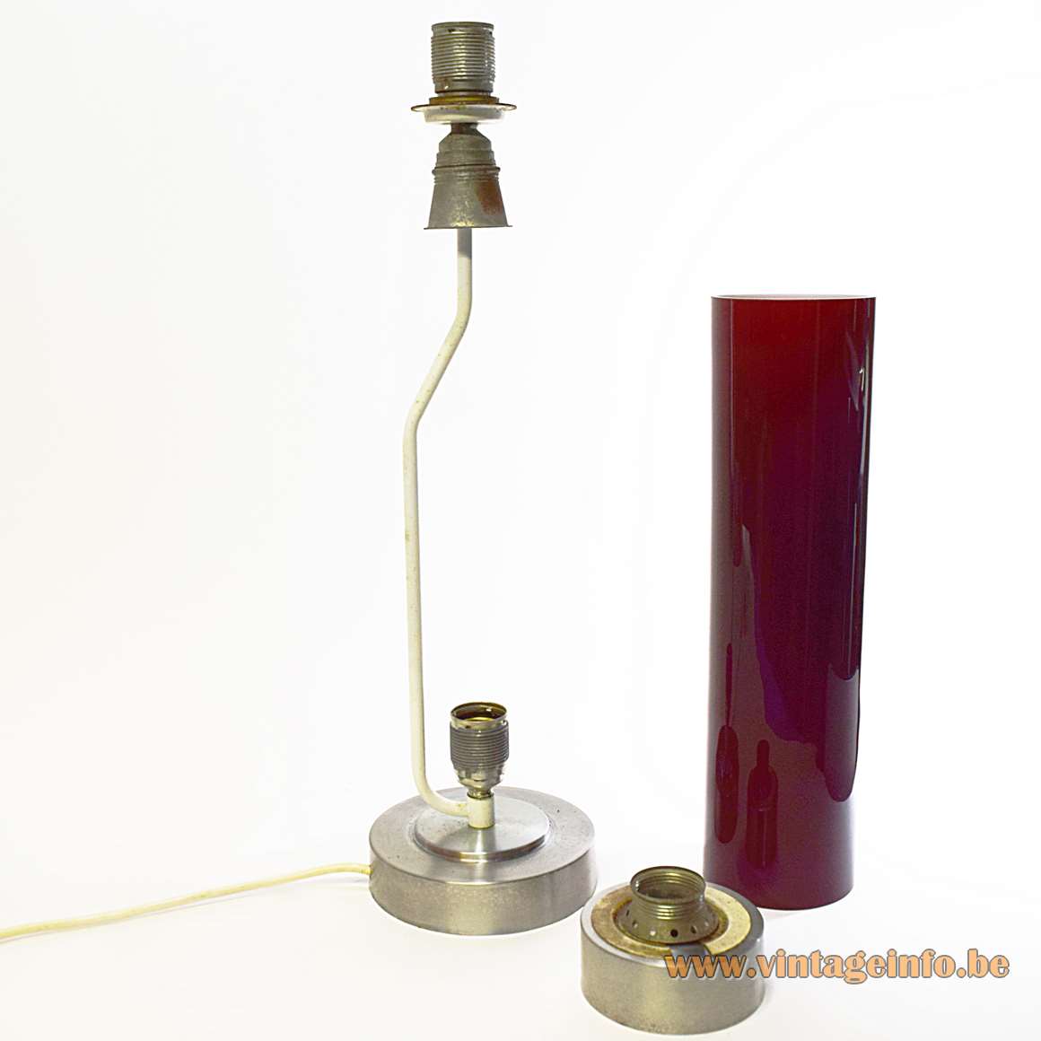 Incamiciato table lamp maroon red glas tube aluminium base 1960s 1970s yellow fabric lampshade MCM Murano