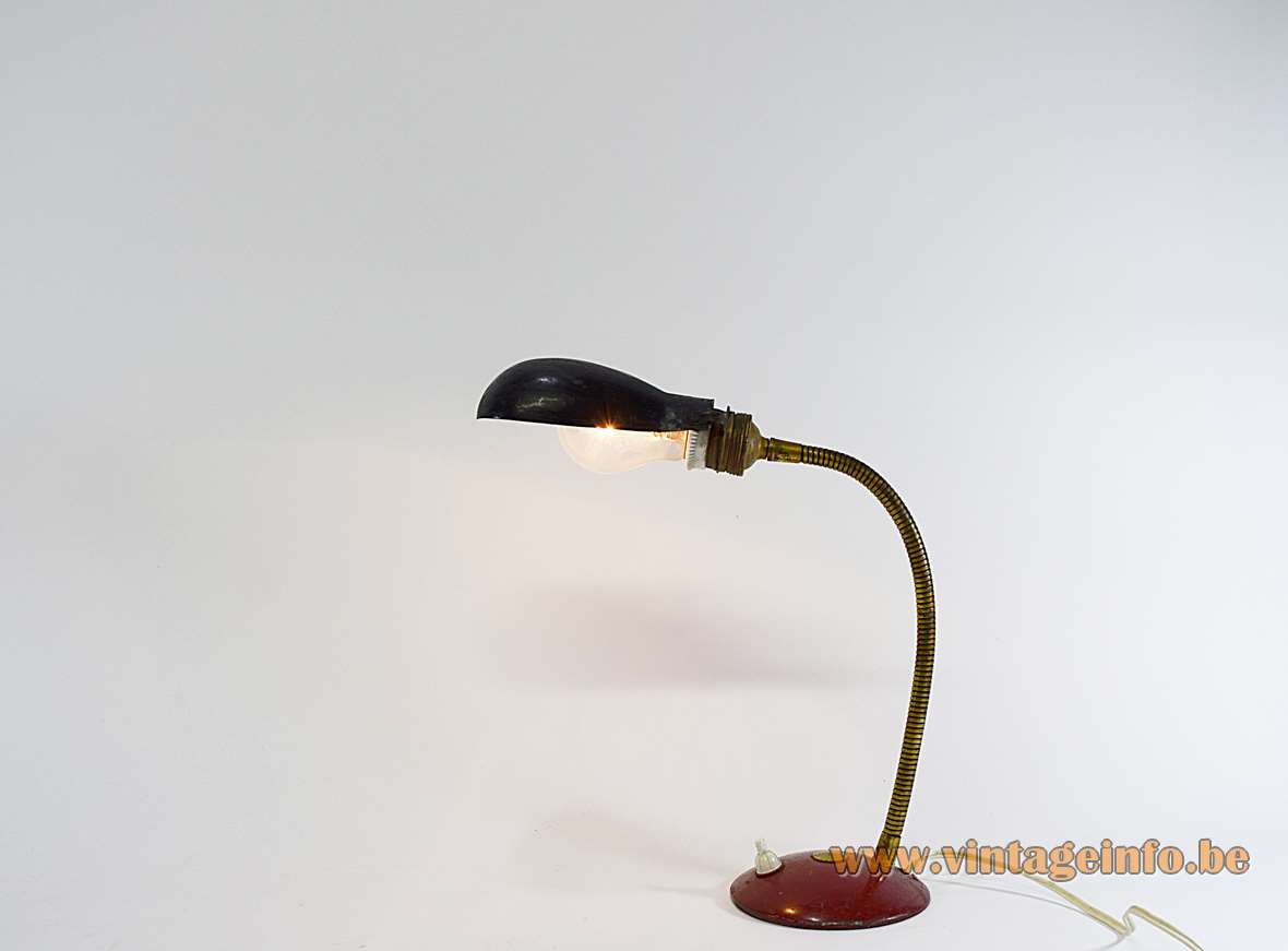 Industrial gooseneck desk lamp round red metal base brass goose-neck black lampshade Helo Leuchten Germany 1930s