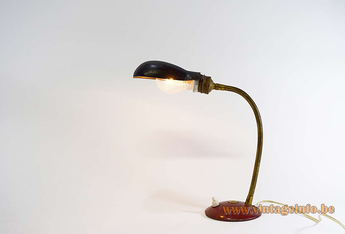 Industrial gooseneck desk lamp round red metal base brass goose-neck black lampshade Helo Leuchten Germany 1930s