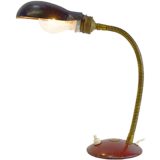 Industrial gooseneck desk lamp round red metal base brass goose-neck black lampshade Helo Leuchten Germany 1930s
