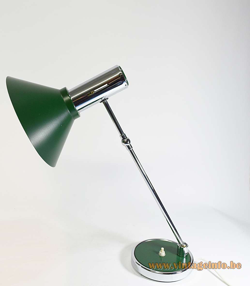 Italian adjustable desk lamp green & chrome base adjustable rod conical lampshade 1960s 1970s Made in Italy