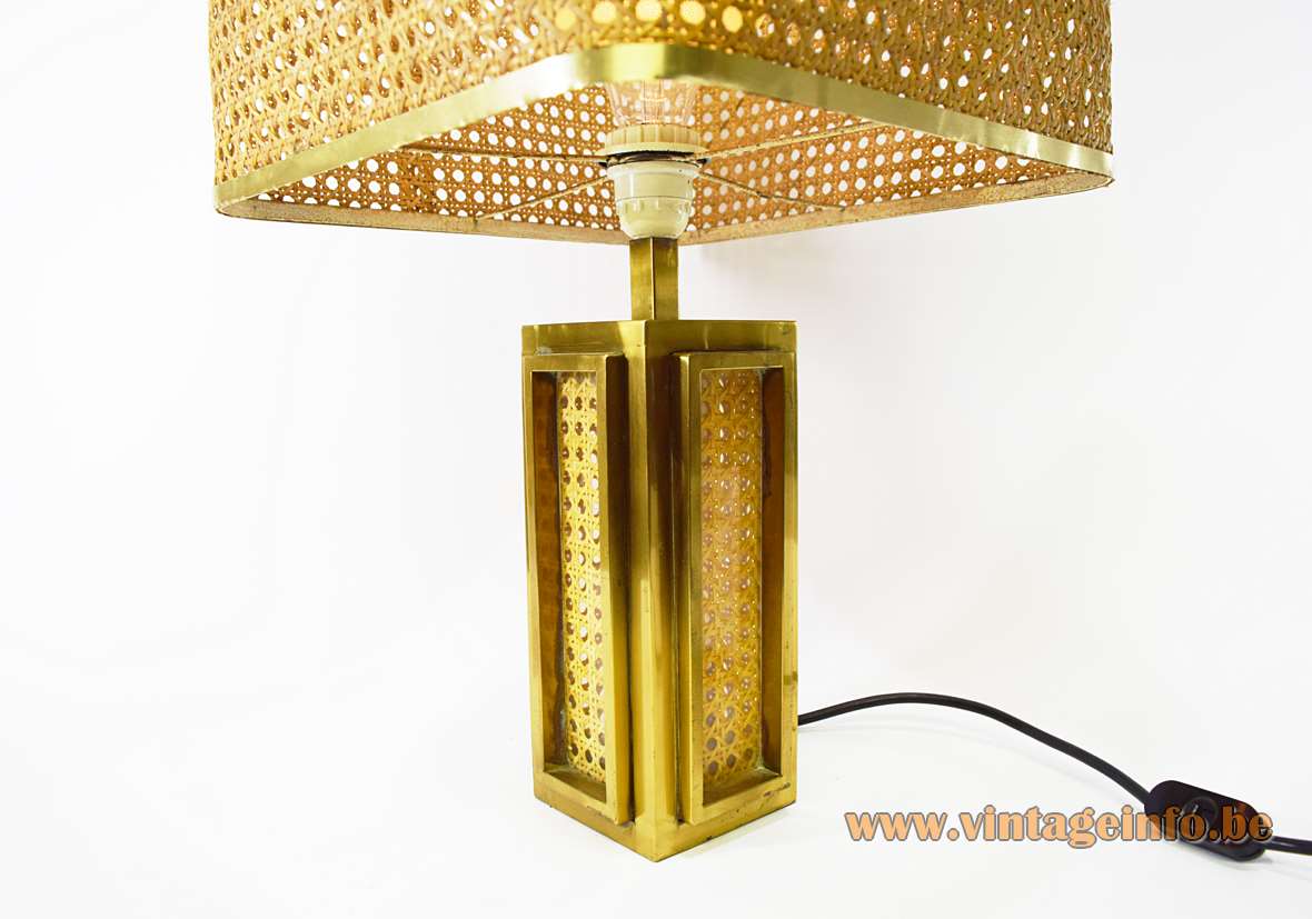 Italian brass & cane table lamp with a square base rattan lampshade Romeo Rega 1960s 1970s