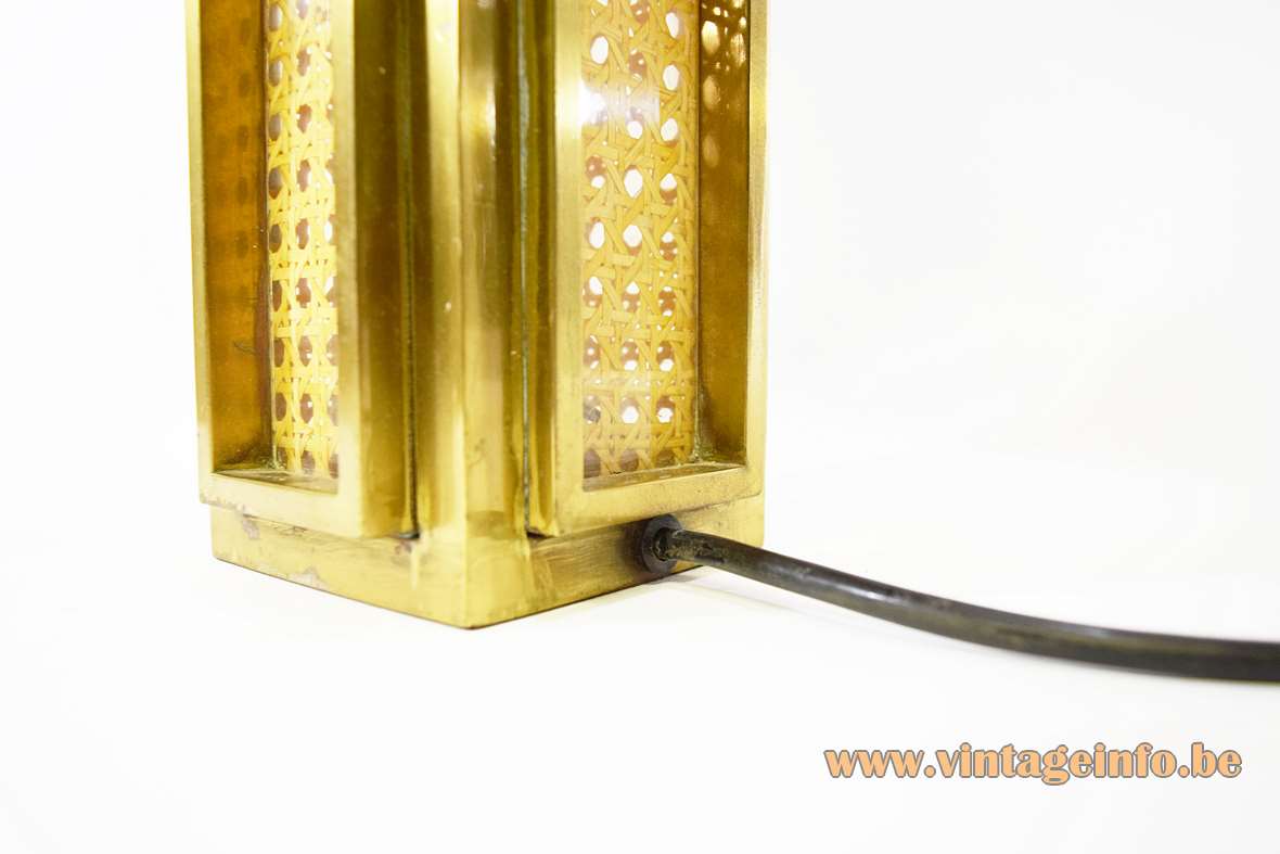 Italian brass & cane table lamp with a square base rattan lampshade Romeo Rega 1960s 1970s