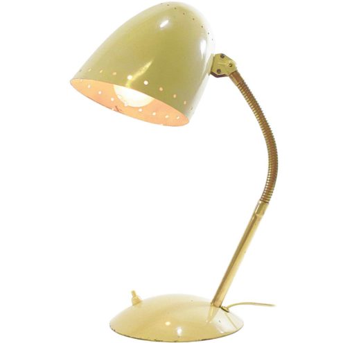 Kaiser Idell desk lamp design: Christian Dell ochre metal base brass gooseneck conical lampshade 1920s 1930s