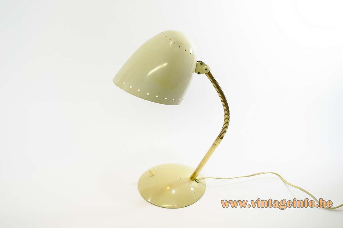 Kaiser Idell desk lamp design: Christian Dell ochre metal base brass gooseneck conical lampshade 1920s 1930s