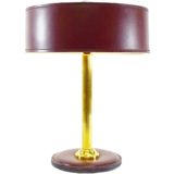 Maroon leather round base desk lamp brass ribbed rod burgundy clad lampshade Jacques Adnet 1970s 1980s