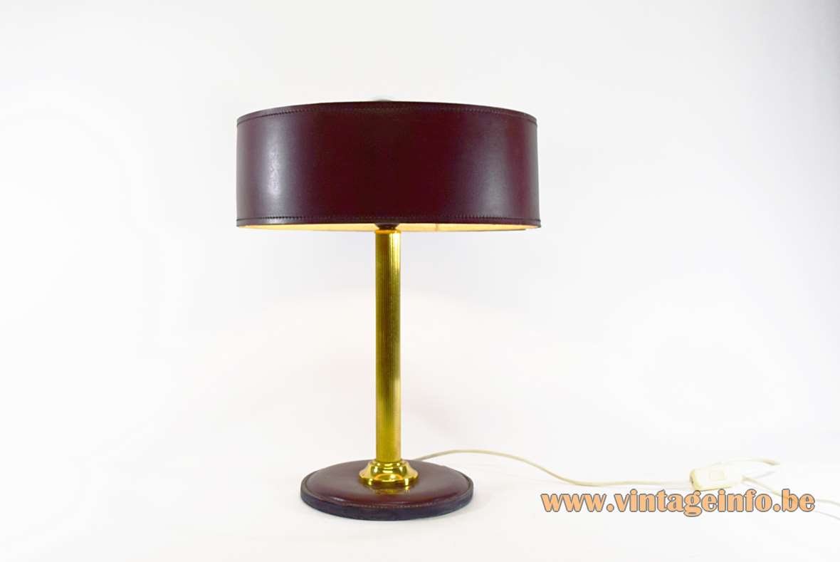 Maroon leather round base desk lamp brass ribbed rod burgundy clad lampshade Jacques Adnet 1970s 1980s
