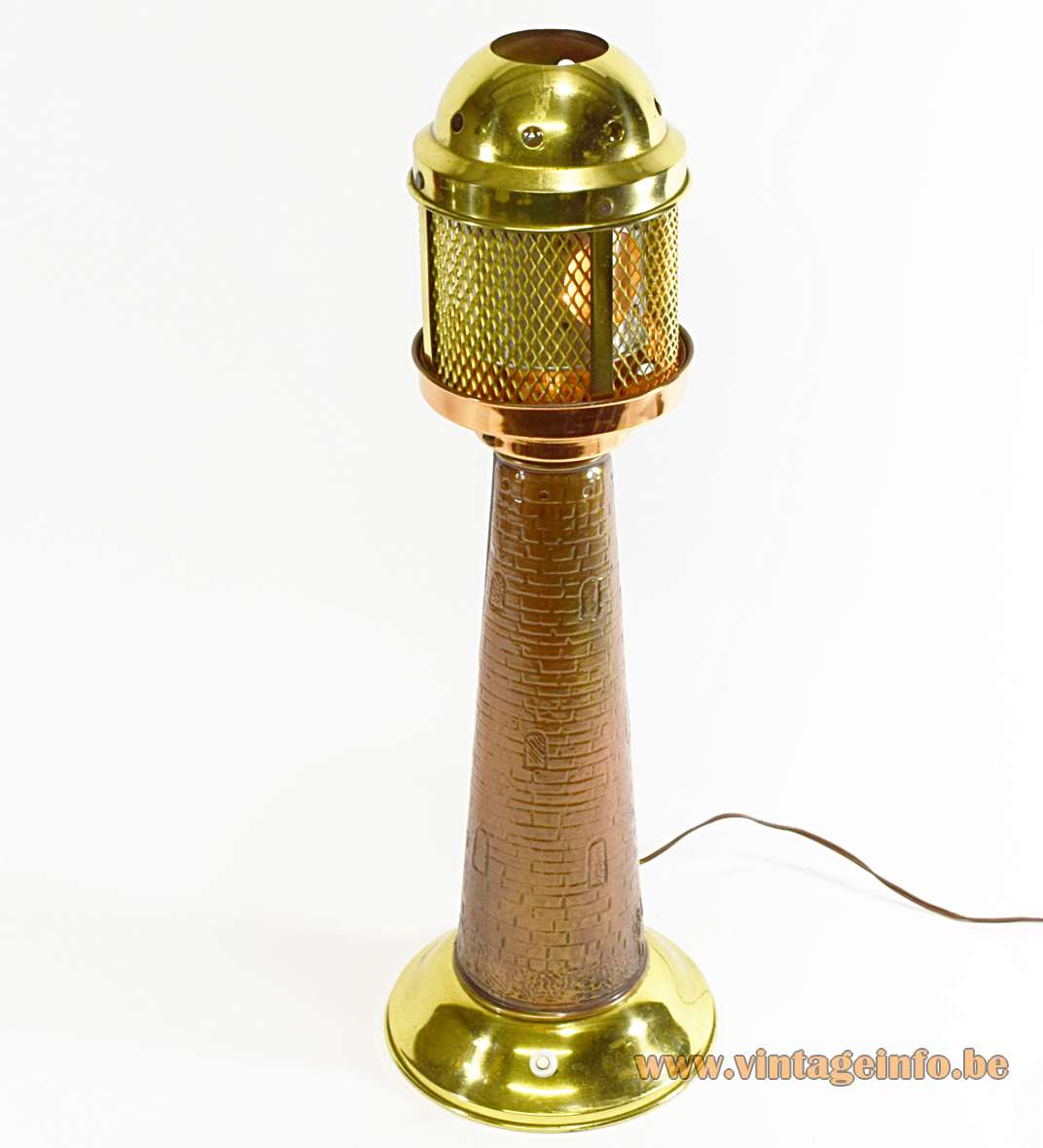 Lighthouse table lamp round copper & brass base grid lampshade tower coastal tourist souvenir France 1950s 1960s