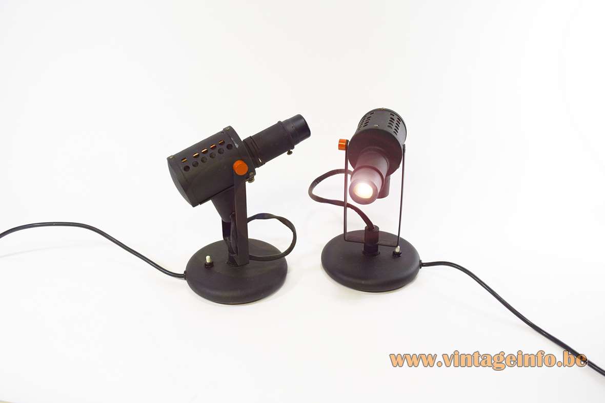 Lita projector table lamps black round base wrinkle paint lampshades red buttons 1970s France Jacques Biny