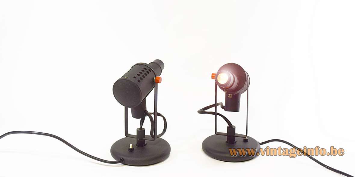 Lita projector table lamps black round base wrinkle paint lampshades red buttons 1970s France Jacques Biny