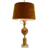 Marble & reed table lamp square base stone globe brass palm leaves velours lampshade 1970s Boulanger Belgium