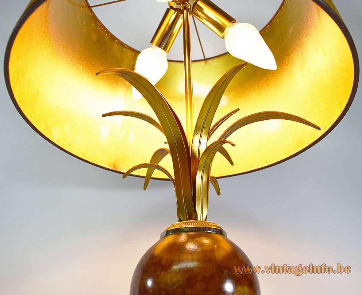 Marble & reed table lamp square base stone globe brass palm leaves velours lampshade 1970s Boulanger Belgium