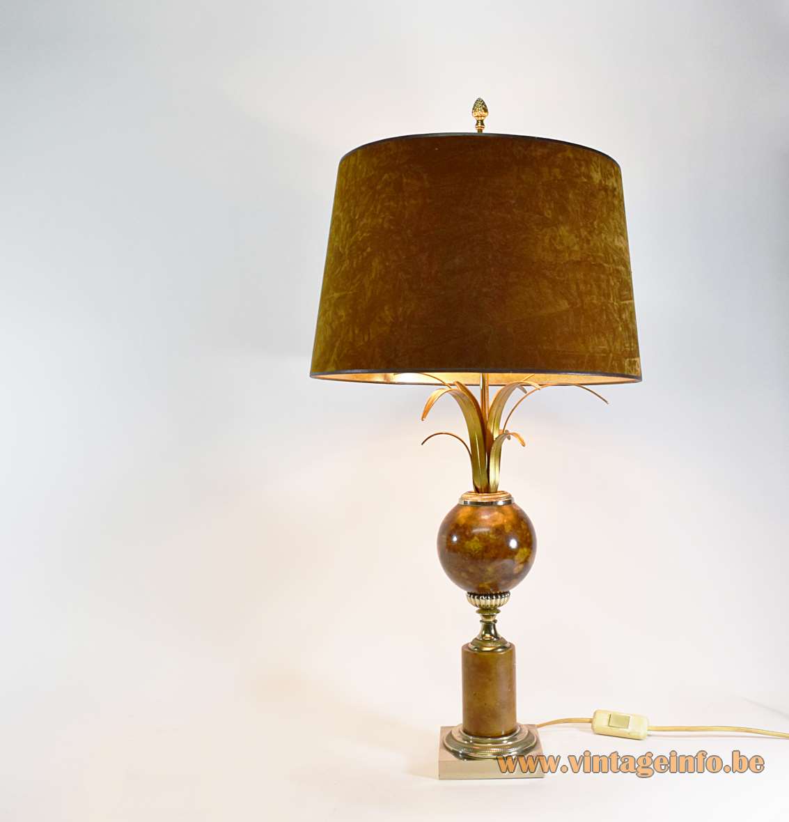 Marble & reed table lamp square base stone globe brass palm leaves velours lampshade 1970s Boulanger Belgium